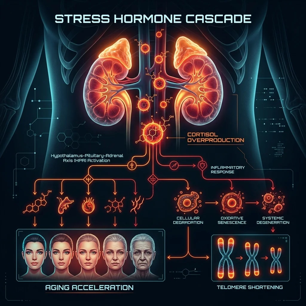 Illustration representing Cortisol and Aging: How Chronic Stress Accelerates Biological Age